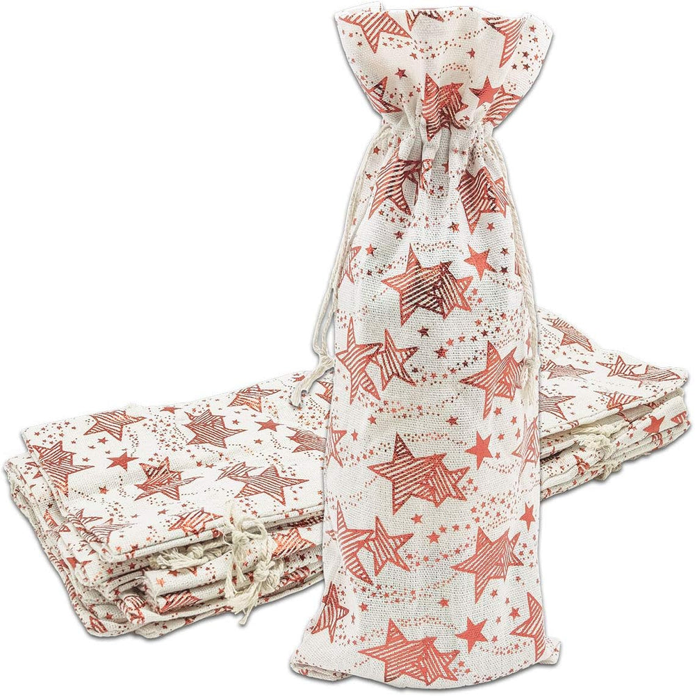 48-pack Muslin Cotton Canvas Wine Bottle Gift Bags w. Drawstring (Red Stars, ...
