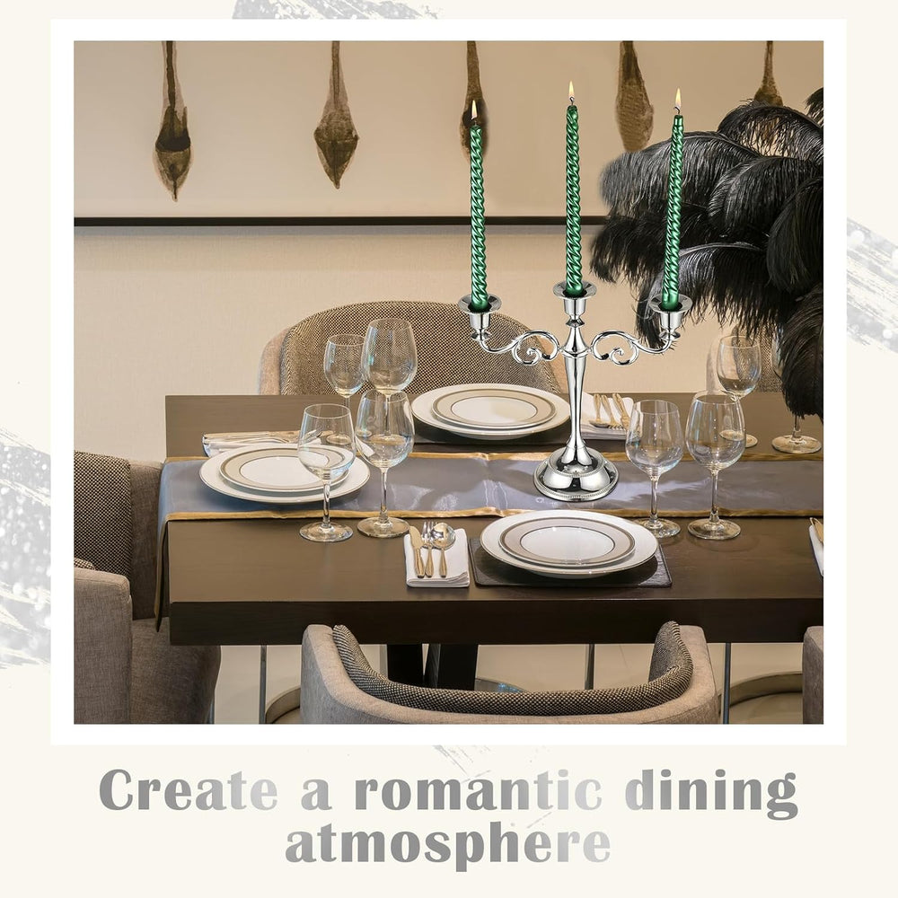 3 Pcs 3 Arm Metal Candelabra Candle Holder, Classic, 10", Silver