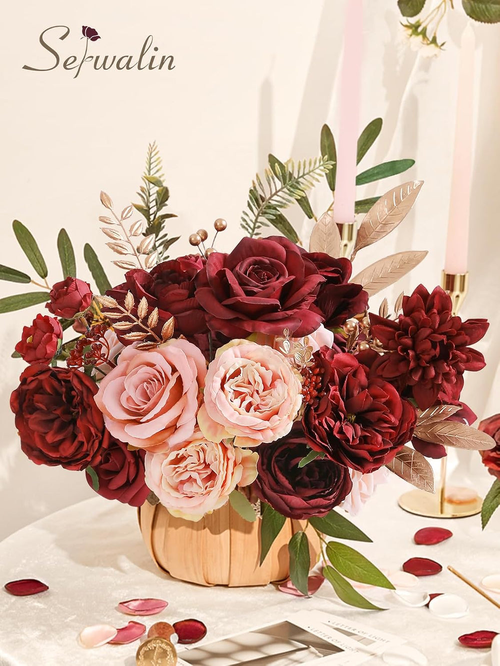 Burgundy Pink Artificial Flowers, Fake Silk Flowers for Wedding