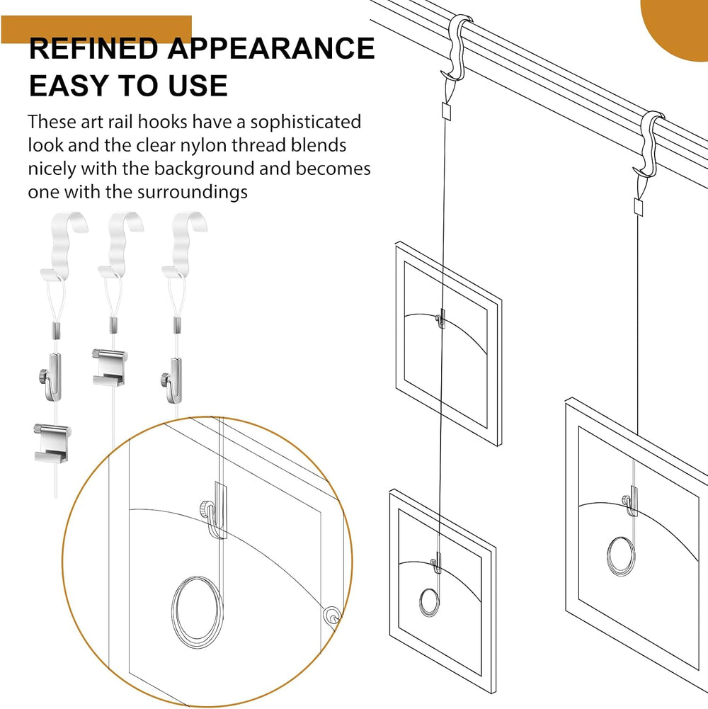 15 Pcs Picture Rail Hooks for Hanging, 71" Clear Nylon Cord, White
