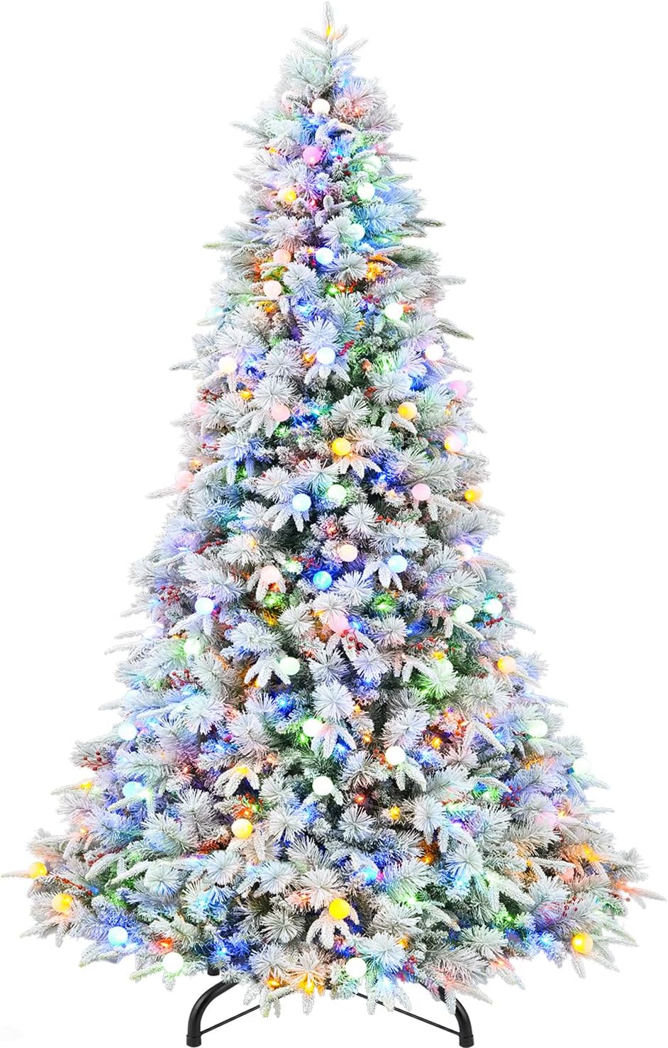 Hykolity 7.5 ft Prelit Flocked Christmas Tree, 450 Multicolor LED Lights, Art...