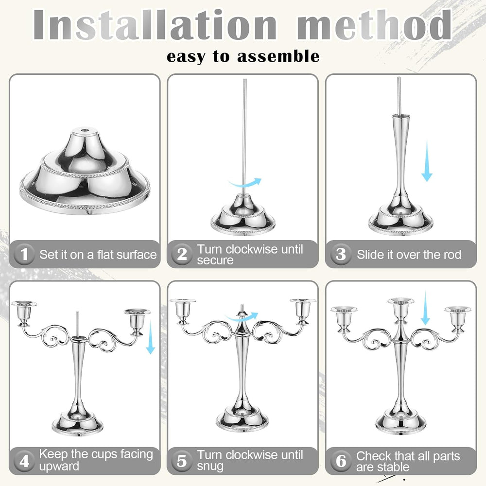 3 Pcs 3 Arm Metal Candelabra Candle Holder, Classic, 10", Silver