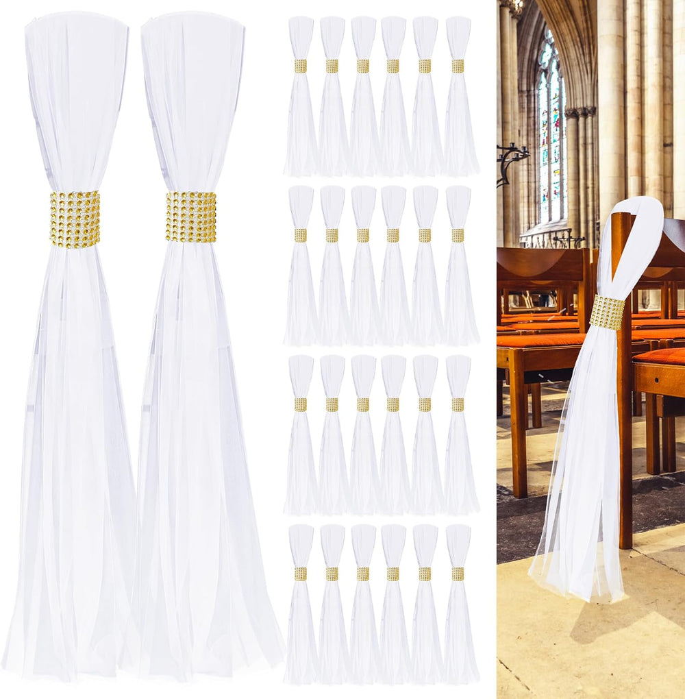 Large White Pew Bows Tulle Wedding Aisle Chair Decorations with Gold Wrap