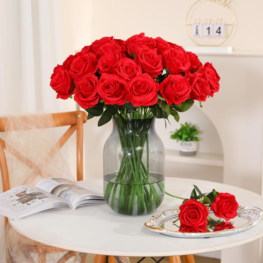 50pcs Fake Red Roses Bulk, Silk Roses Artificial Flowers with Long Stem