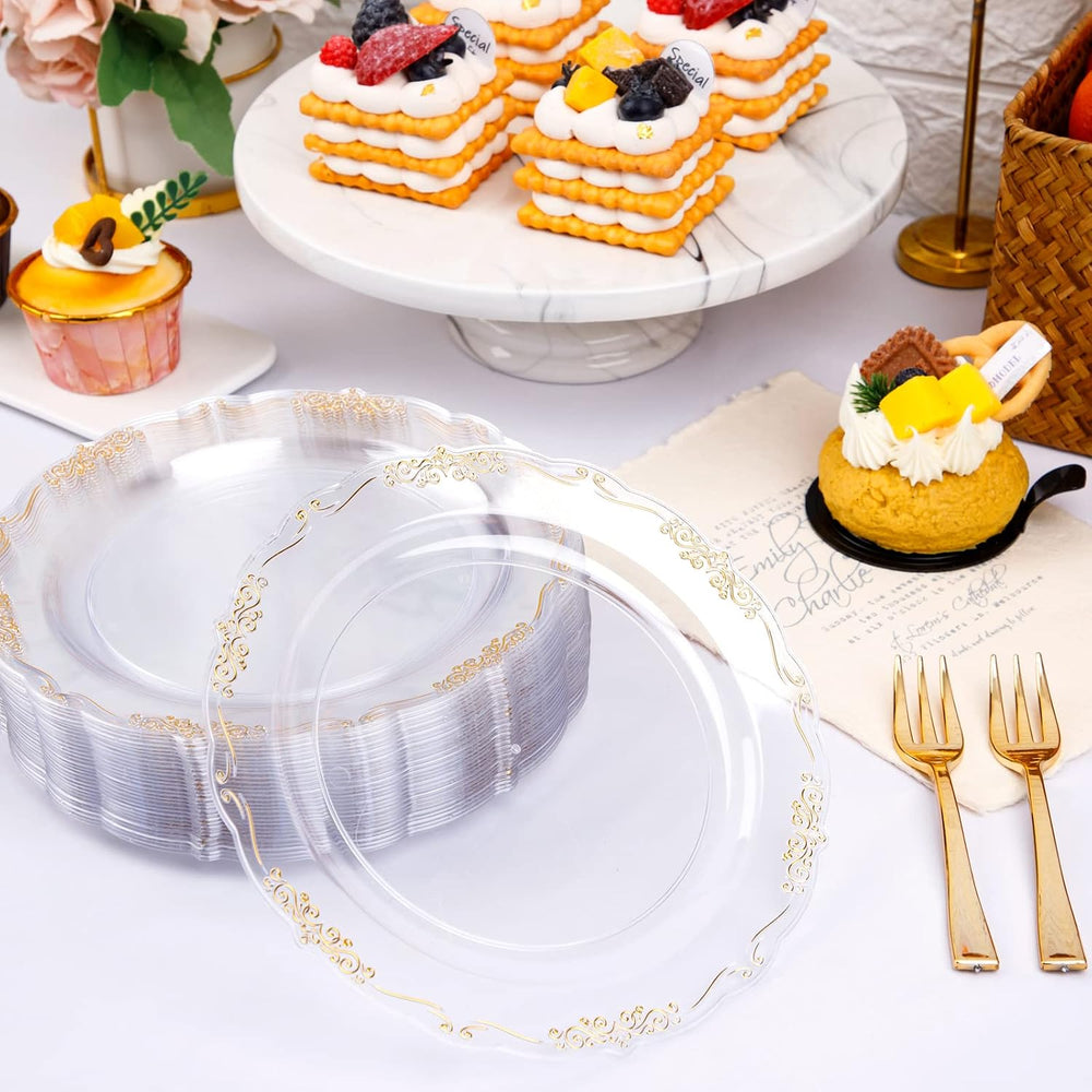 LIYH 200 Pcs Clear Gold Sturdy Plastic Cake Plates & Forks for Weddings