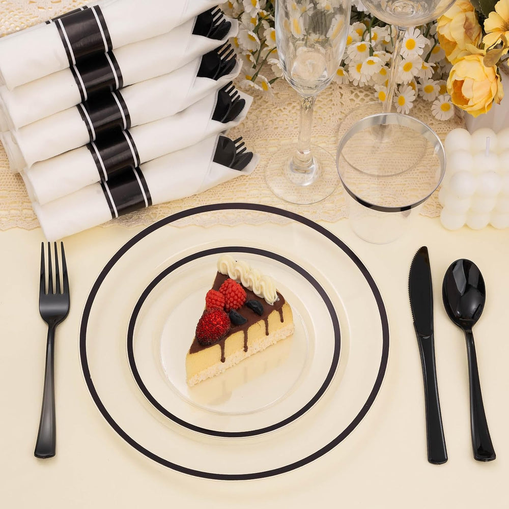 BESTSTAR 350 PCS Clear and Black Disposable Plastic Plate Set for 50 Guests