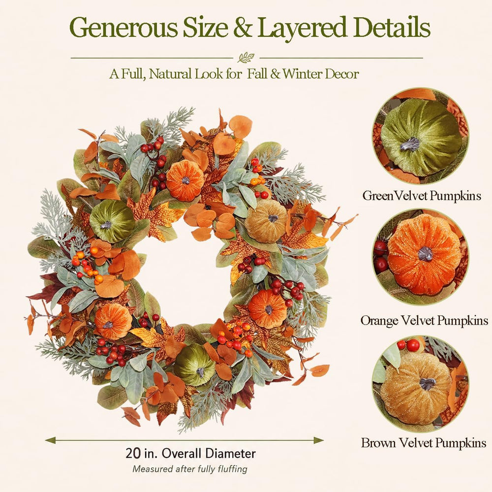 20 Inch Pre-Lit Pumpkin Fall Wreath for Front Door, 30 White LEDs