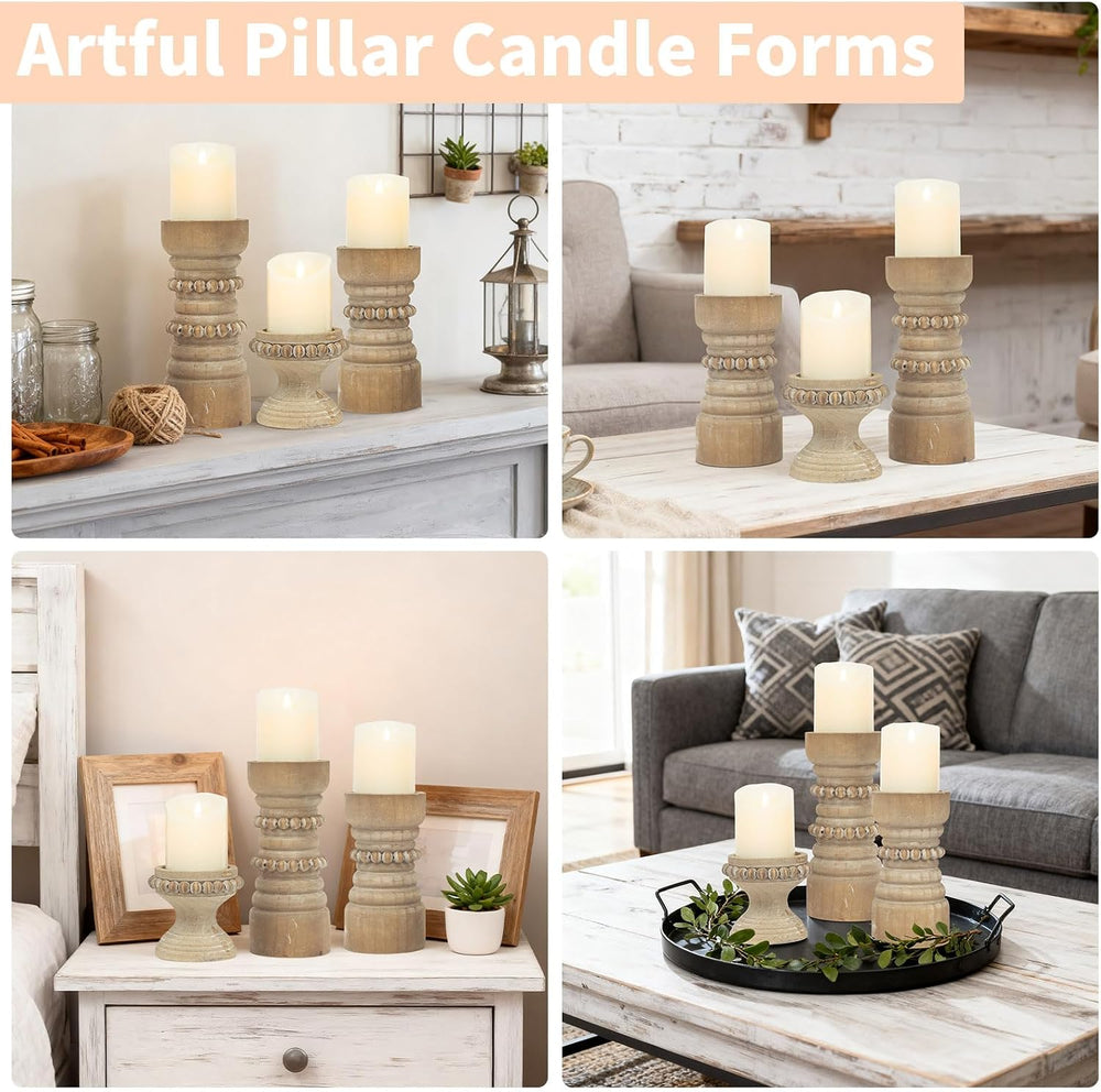 Rustic Natural Wood Candle Holders Set of 3, Farmhouse Beaded Wood Pillar Can...
