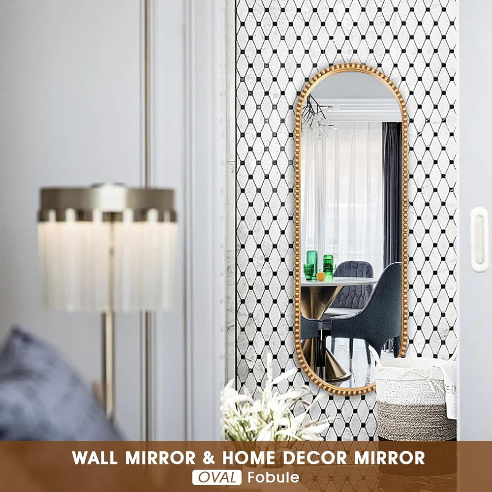 Oval Full Length Mirror, 16"x47" Metal Beaded Frame Large Hanging D...