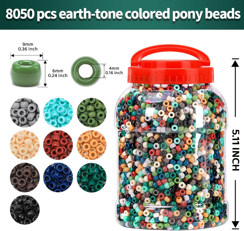 IOOLEEM 8050pcs Earth-Tone Colors Pony Beads, Beads for Crafts, Hair Beads, B...