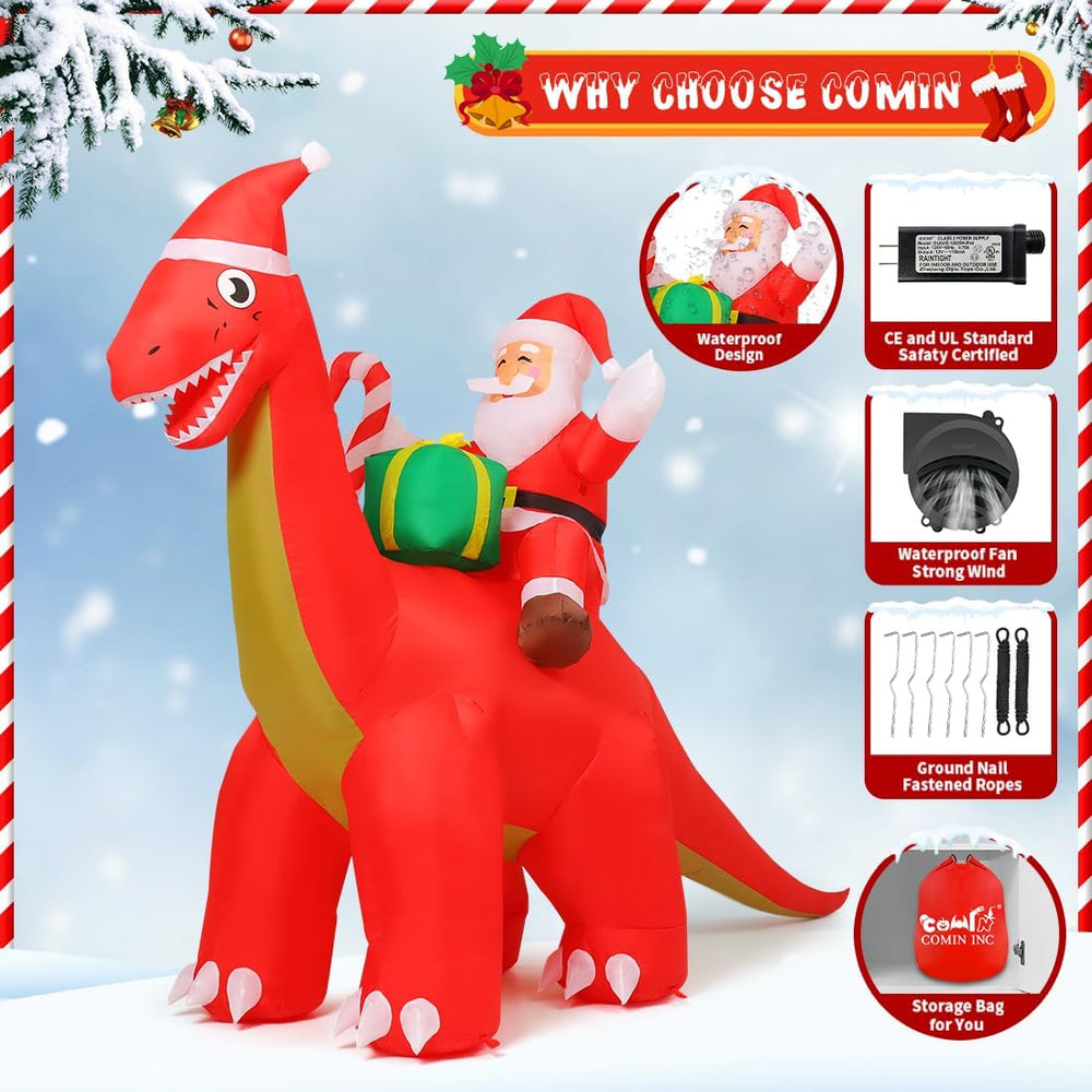 8.5FT Christmas Inflatable Outdoor Decorations Santa Riding Dinosaur