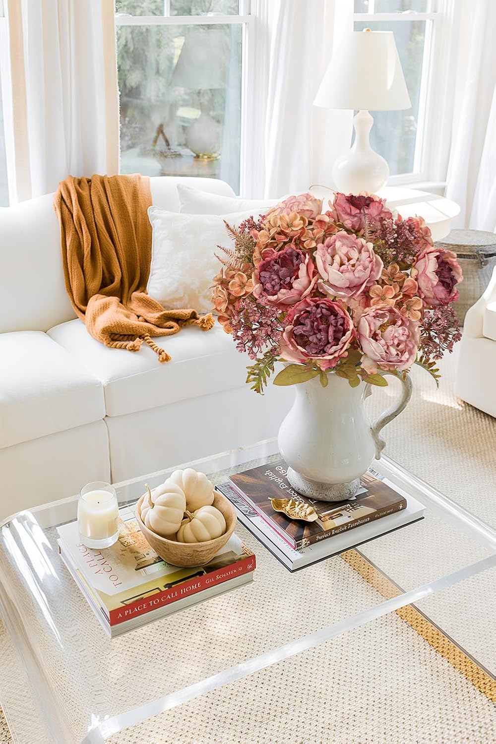 Hollyone 2Pcs Artificial Fall Flowers Bouquet 18.8" Pink Dried Peony Hyd...