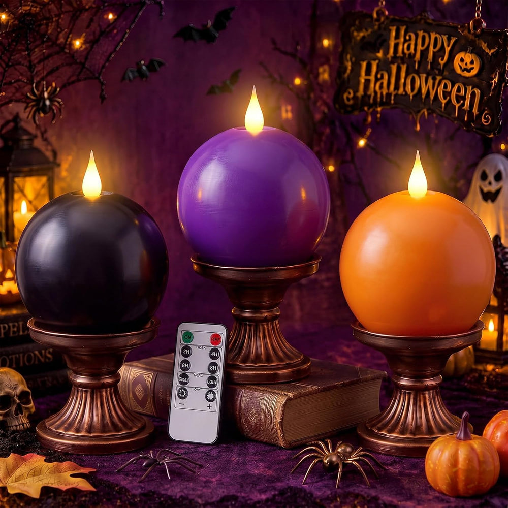 Retisee 3 Pcs Halloween Flameless Candles Real Wax Round with Remote Timer