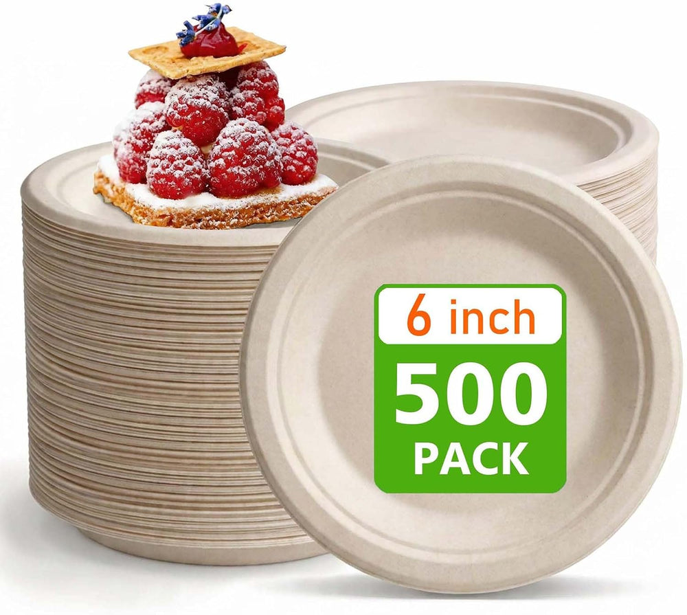 500 Pack Compostable Small Paper Plates 6 Inch Brown, Disposable Plate Bulk