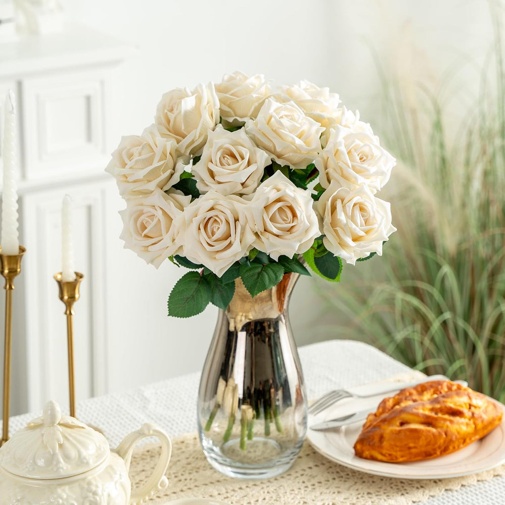 12PCS Artificial Roses with Stems, Realistic White Fake Roses, Silk Rose Flow...