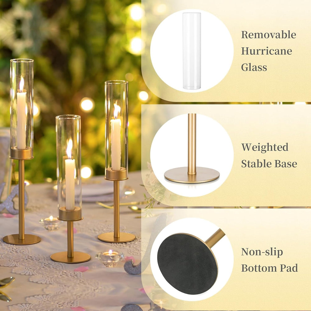 Hewory Gold Candlestick Holders: 6PCS Glass Hurricane with Brass Base