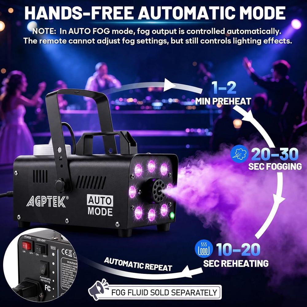 AGPTEK Fog Machine, 12 Colors, 600W Smoke Machine, Low Fluid Auto Shutoff
