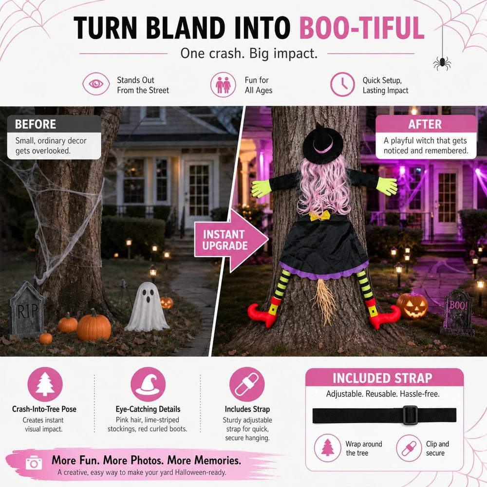 Halloween Decoration Outdoor, Tree Hugging Witch with Pink Hair