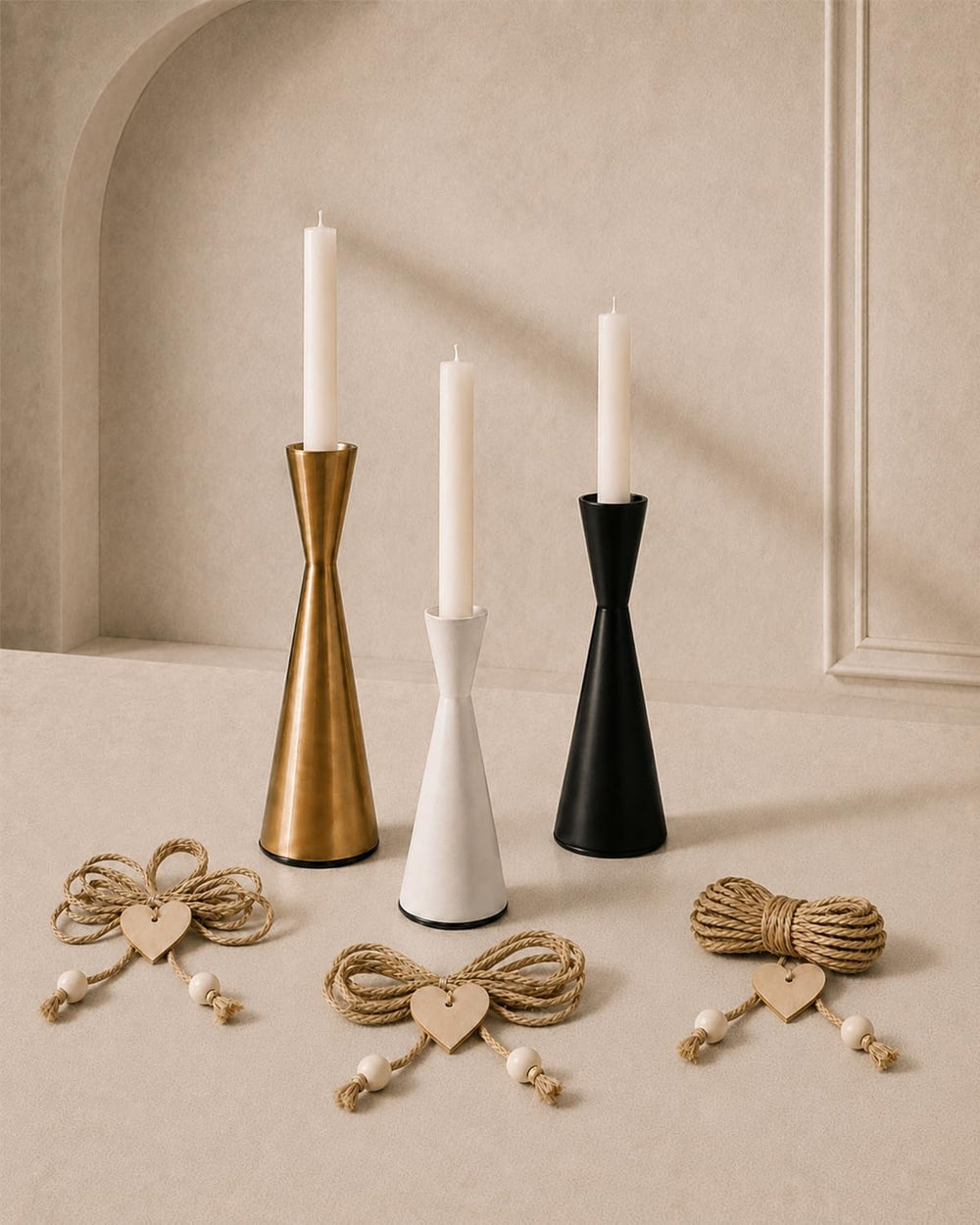 Metal Candlestick Holders Set of 3, Taper Candle Holders with Wood Charms