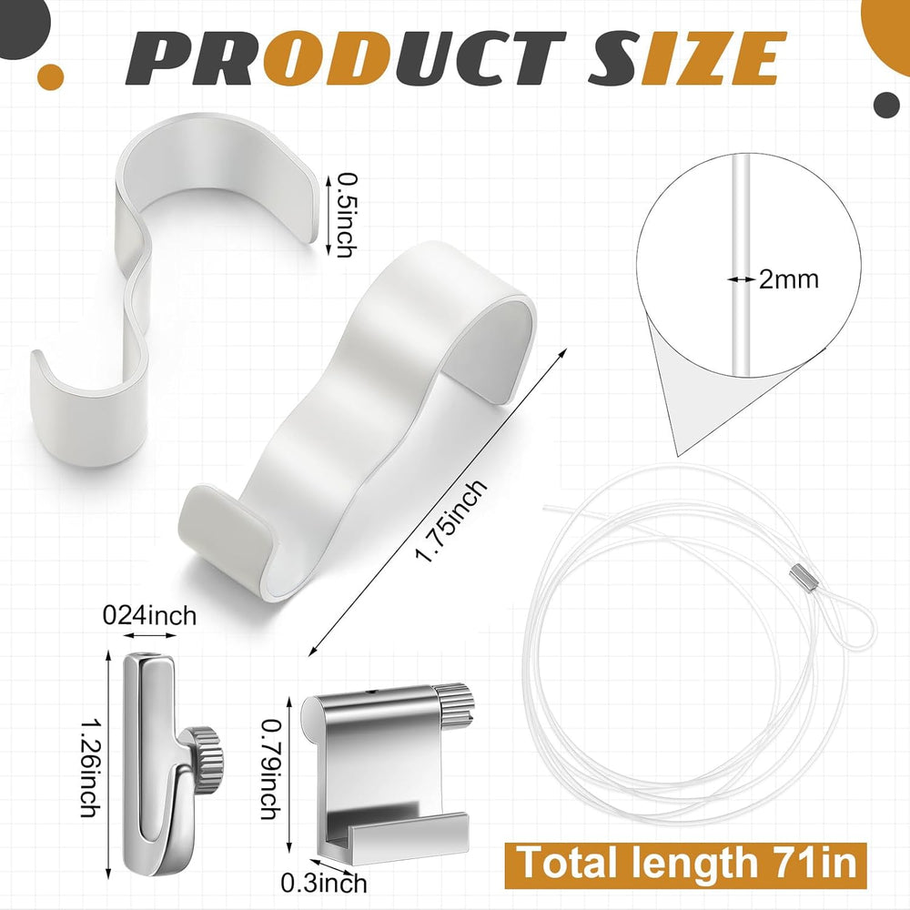 15 Pcs Picture Rail Hooks for Hanging, 71" Clear Nylon Cord, White