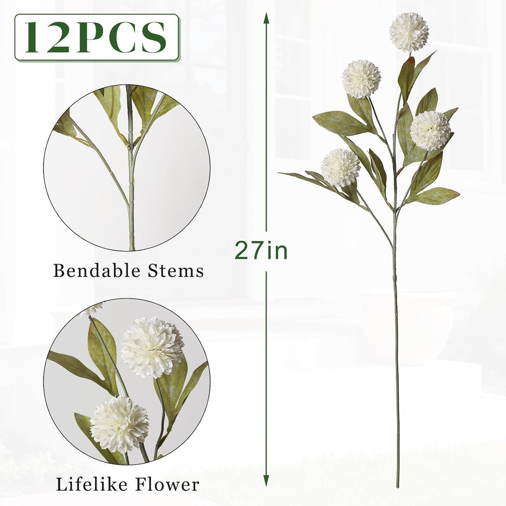 12Pcs 27"Artificial Pompon Mum Stems Silk Flowers for Vase Decor(Cream)