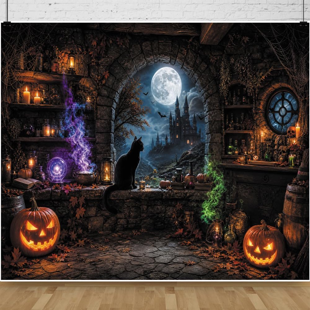10x8ft Halloween Magic Moon Night Witch Cat Castle Photography Backdrop