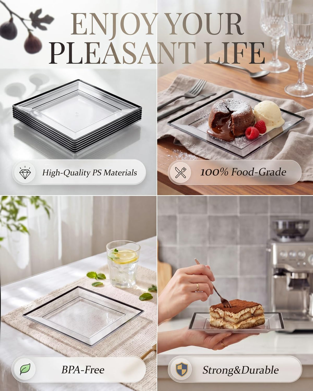 bUCLA 100PCS Black Square Plastic Plates Disposable - 6 inch Clear and Black ...