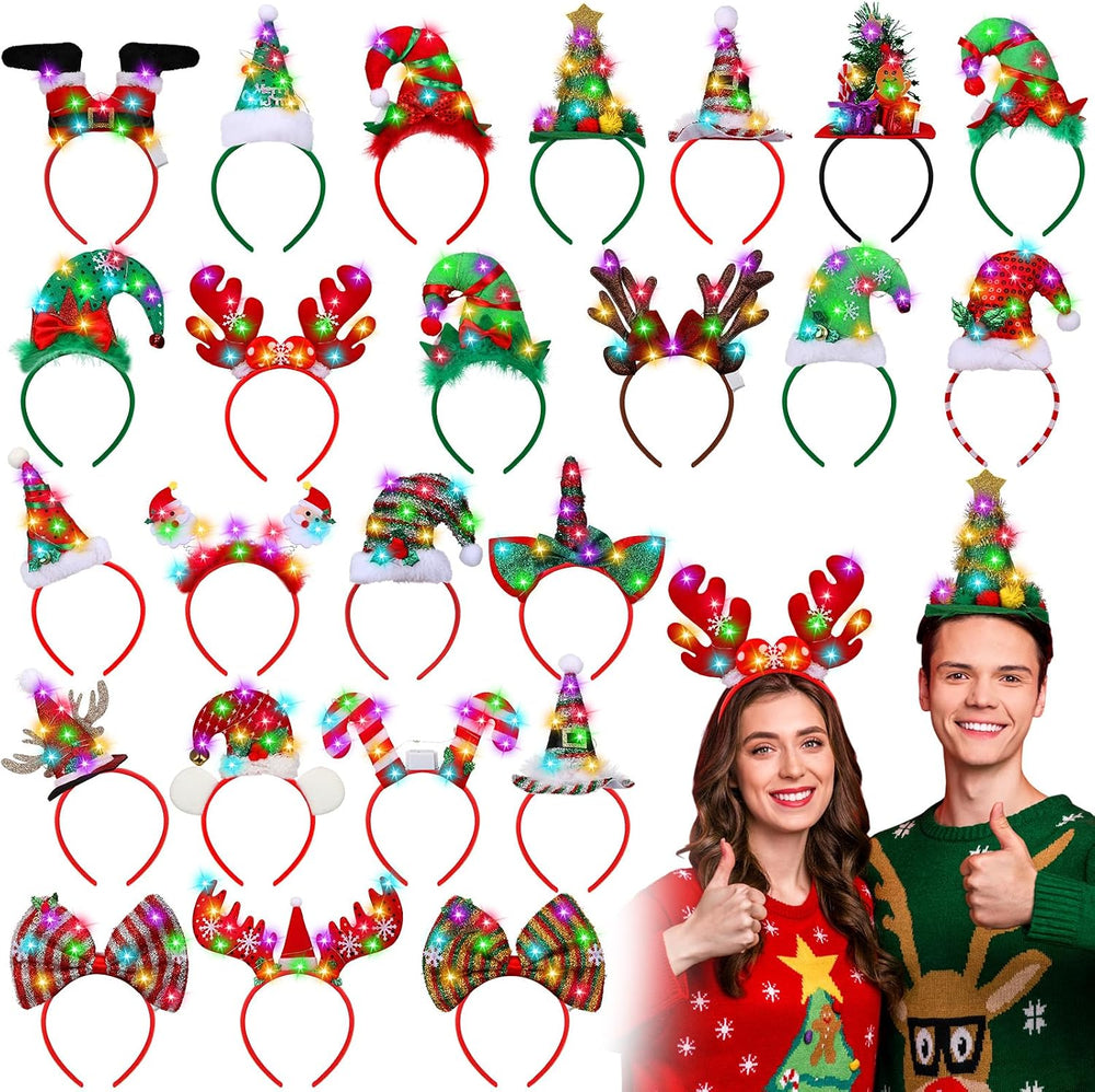 24 Pcs Christmas LED Headbands Christmas Light Up Headbands Reindeer Antler S...
