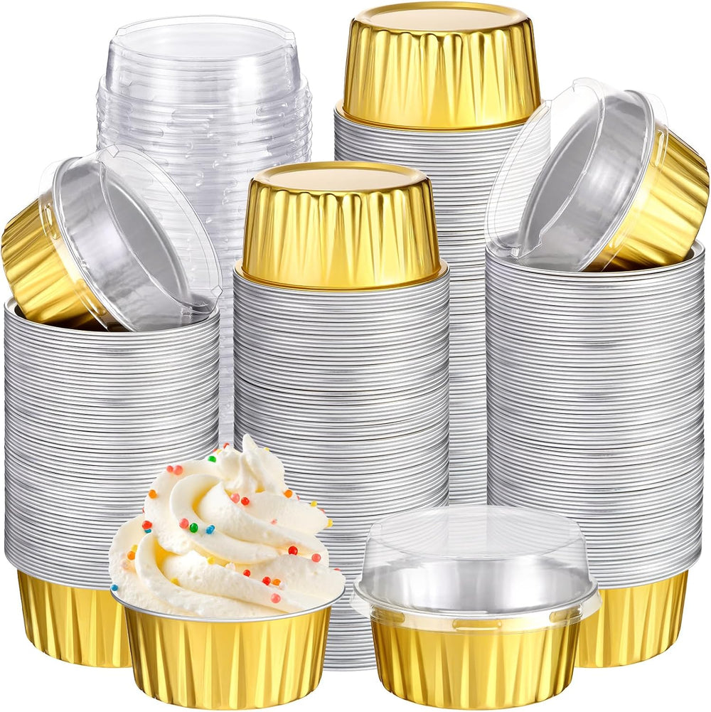 Gejoy 400 Pcs Aluminum Foil Baking Cups with Lids, Classic, Gold