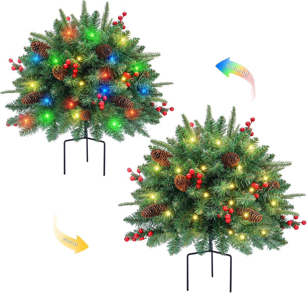 2 Pack Artificial Christmas Urn Filler, 18in Pre-lit Outdoor Christmas Tree