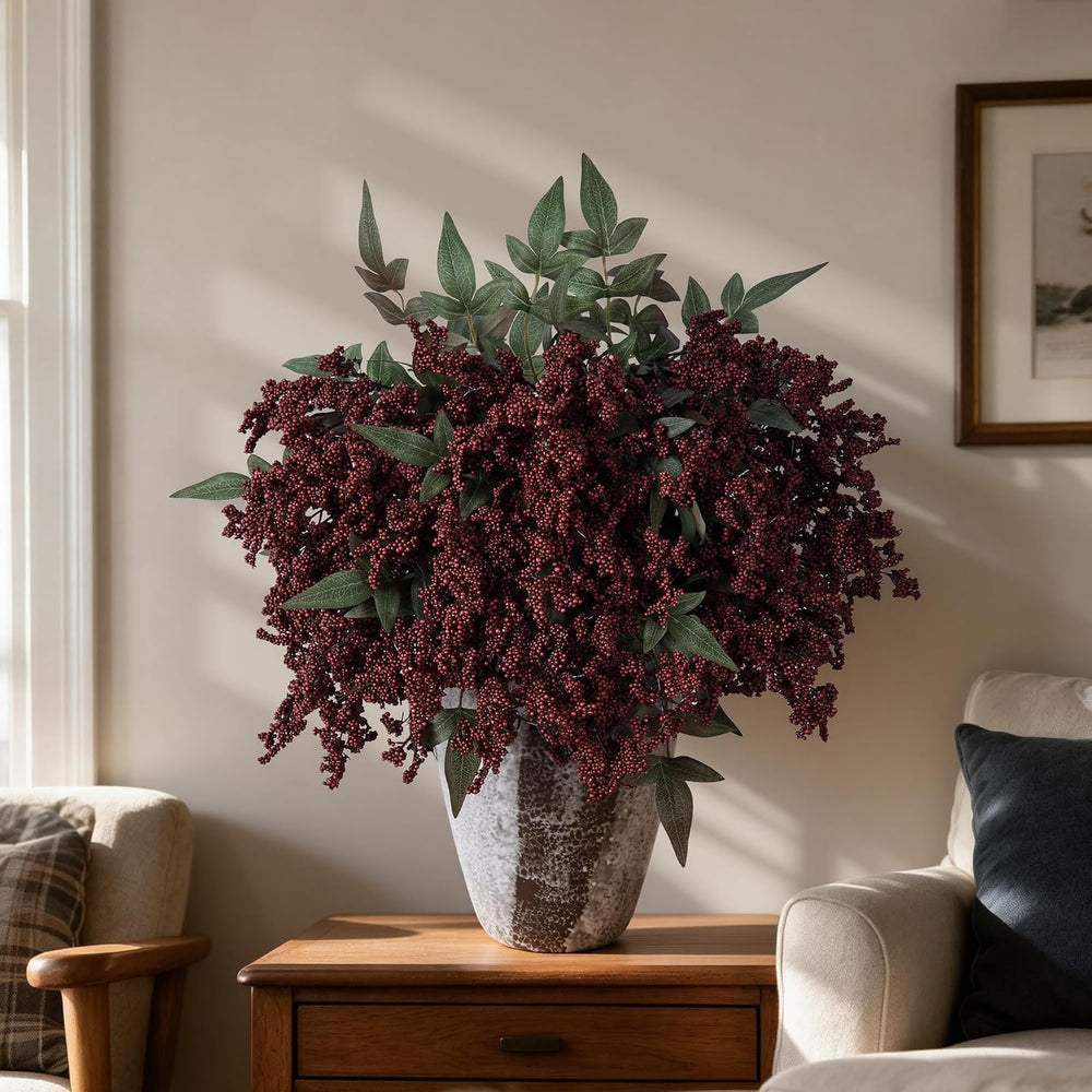 8Pcs 18.5" Artificial Flowers, Red Berry Stems Fake Nandina Branches Rea...