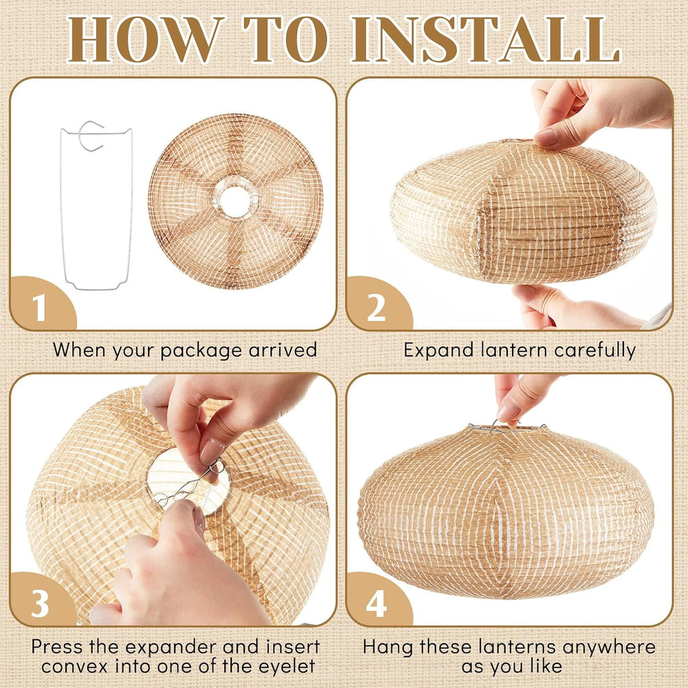 12 Pcs Print Burlap Oval Paper Lanterns Boho Chinese Paper Lanterns Decorativ...