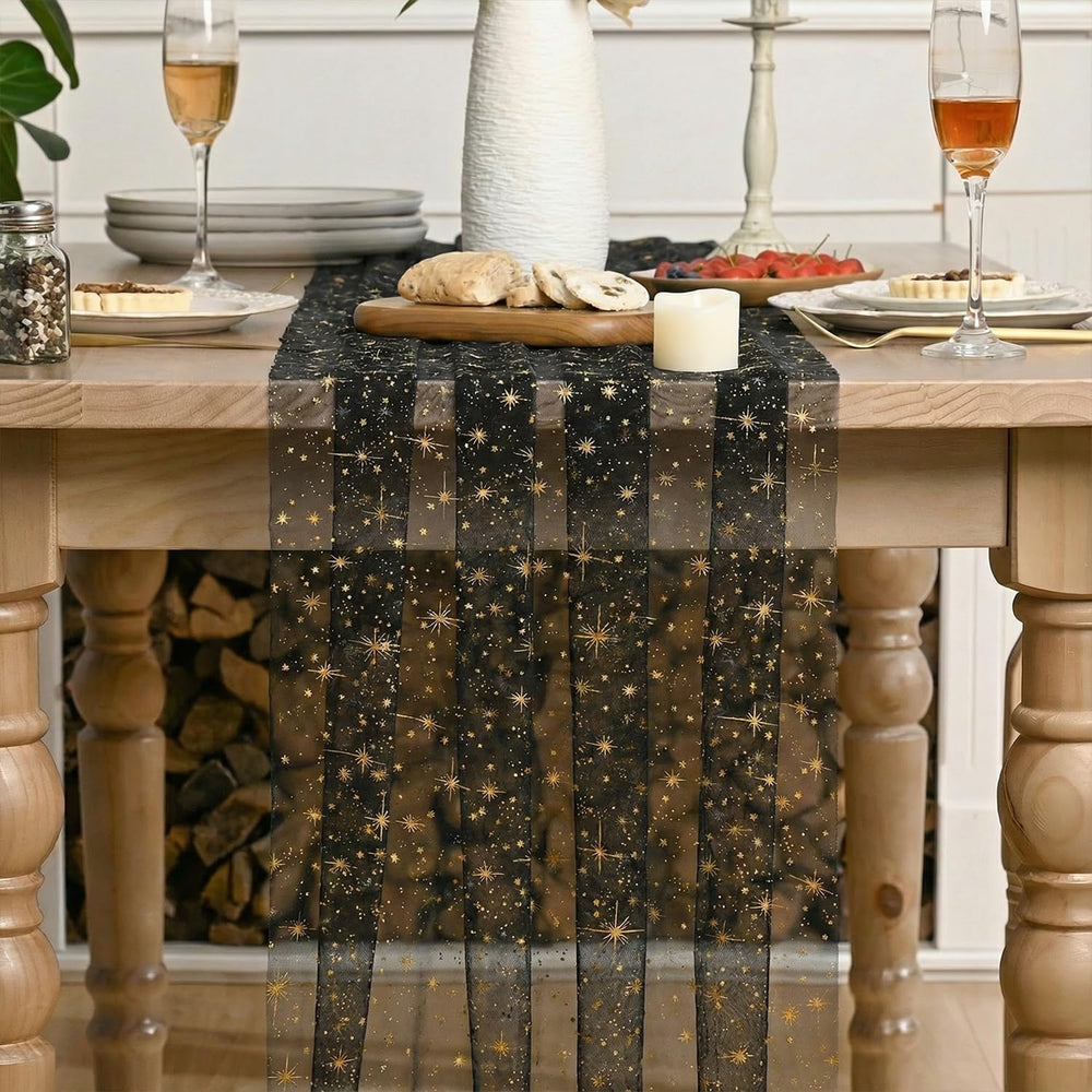 Artoid Mode 10PC Gold Stars Black Gauze Table Runner 120 Inch 10FT, Reversibl...