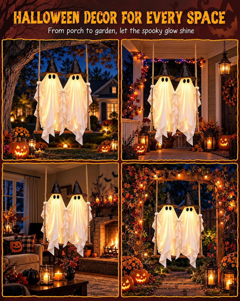 Evoio Halloween Swinging Ghost Outdoor Decor, Two 5FT Ghosts on a Swing, Ligh...