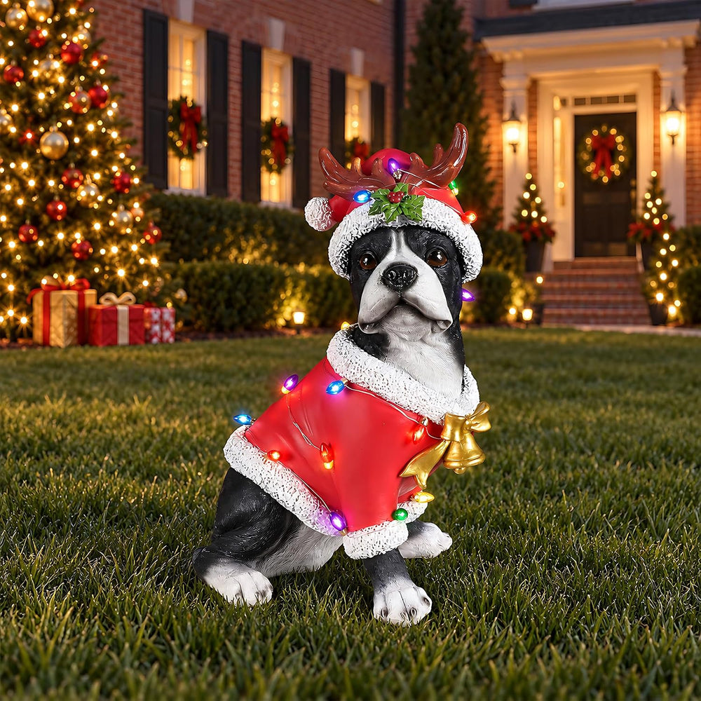 Lighted Christmas Bulldog Statue with Antler Hat