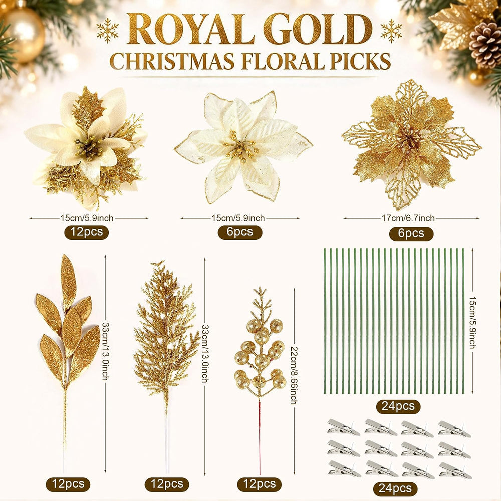 60Pcs Artificial Poinsettia Christmas Flowers Berries Xmas Decor Gold