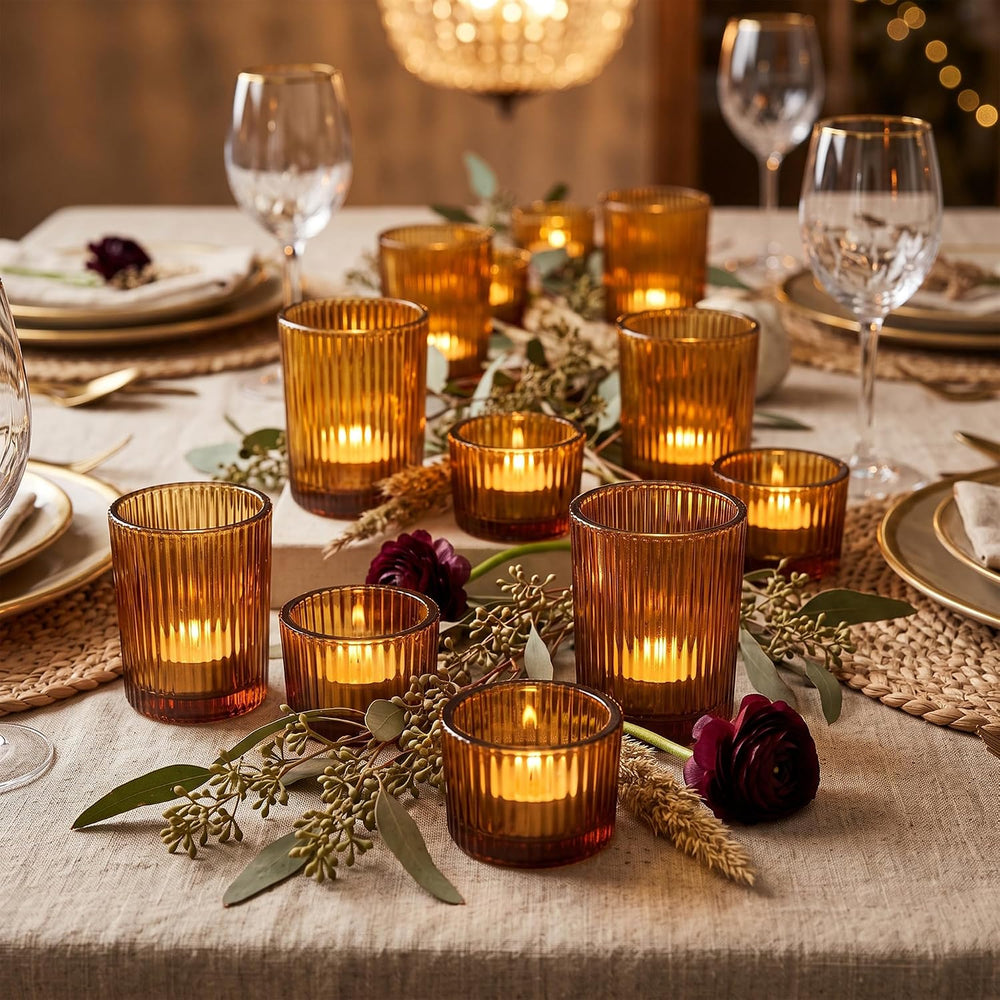 24 Pack Ribbed Amber Glass Votive Candle Holders