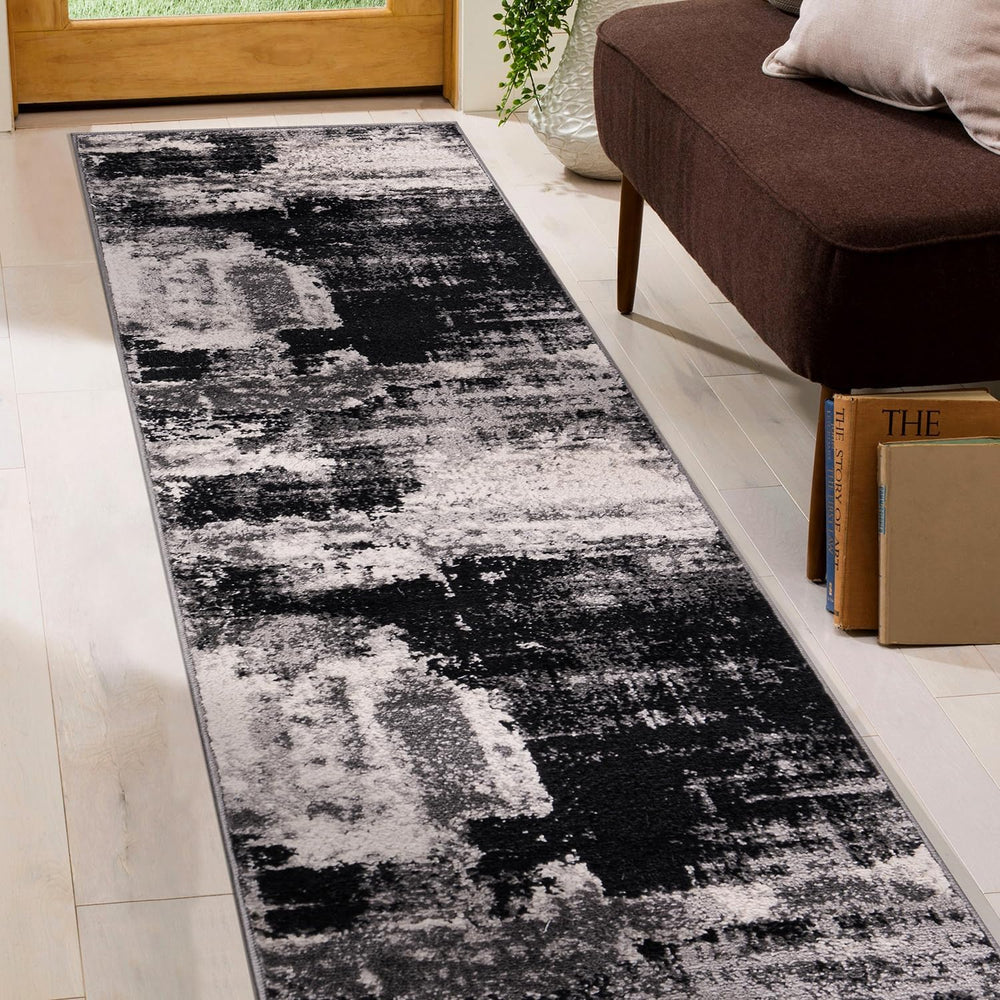 Rugshop Modern Abstract Soft Living Room Bedroom Runner Rug Black 2' x 7&...