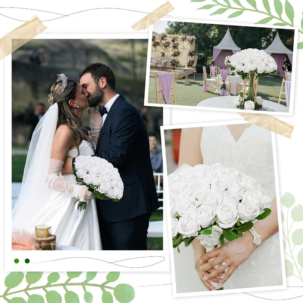 White Roses Artificial Flowers Bulk 100PC Artificial Flowers for Wedding