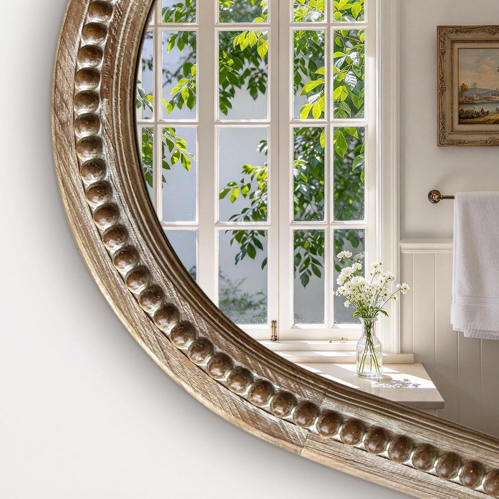 36x24 Inch Arched Wood Beaded Wall Mirror, Bathroom Vanity Farmhouse Mirror