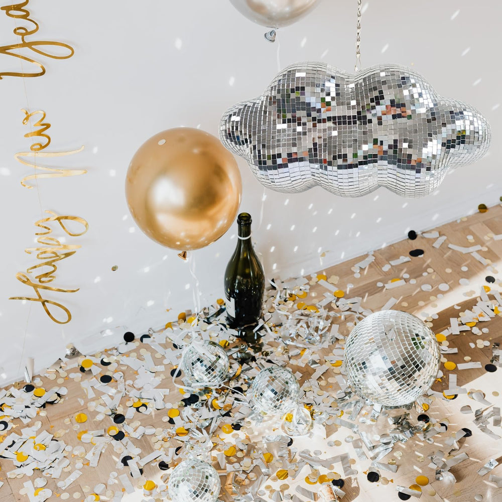 Silver Disco Cloud Ball, 12" Hanging Party Mirror Decor with Chain