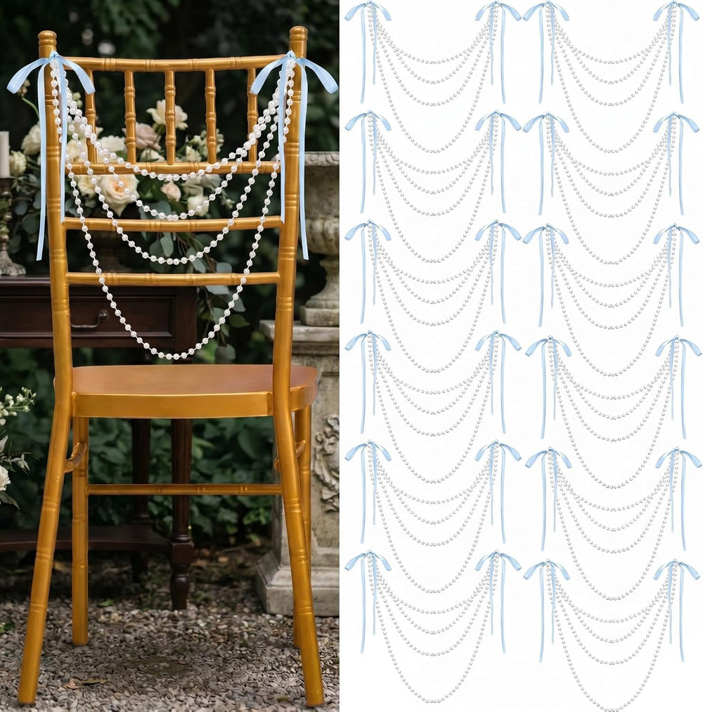 32 Pcs Pearl Garland Bow Chair Sashes Wedding, Blue