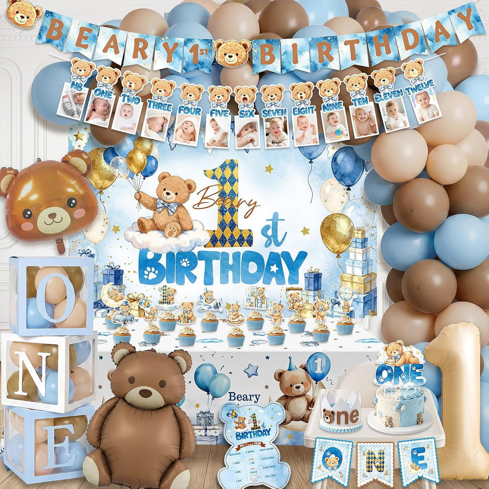 365 Pcs Beary First Birthday Decorations for Boy Blue Bear All-in-One Set