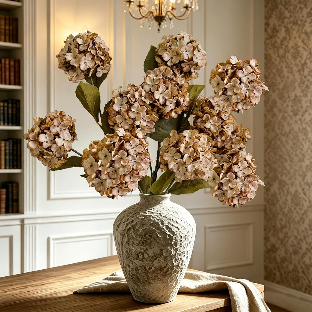 Thewe 4Pcs Brown Hydrangea Artificial Flowers – 27" Vintage Fake Flowers