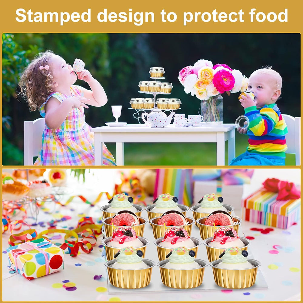 200 Pack Aluminum Cupcake Liners with Lids,Gold,Plain
