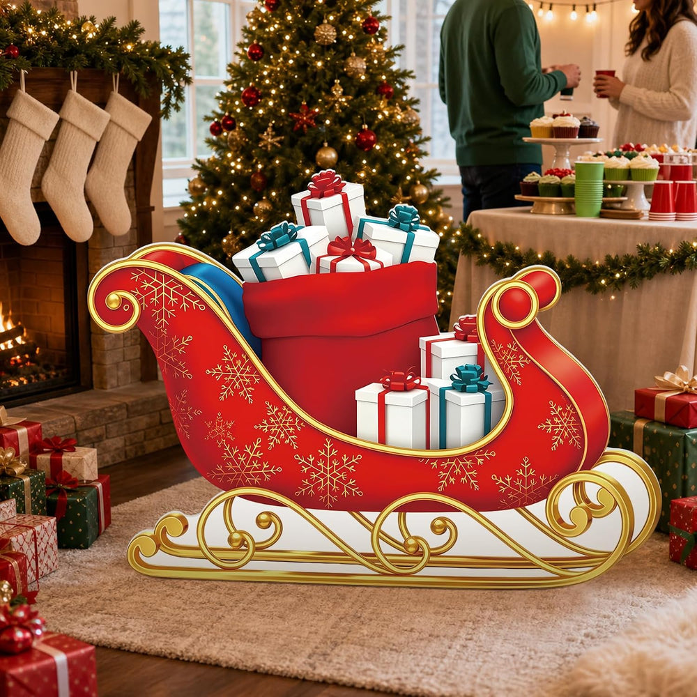 3.9 ft Santa Sleigh Cardboard Cutout, Christmas Photo Prop Standee Sign