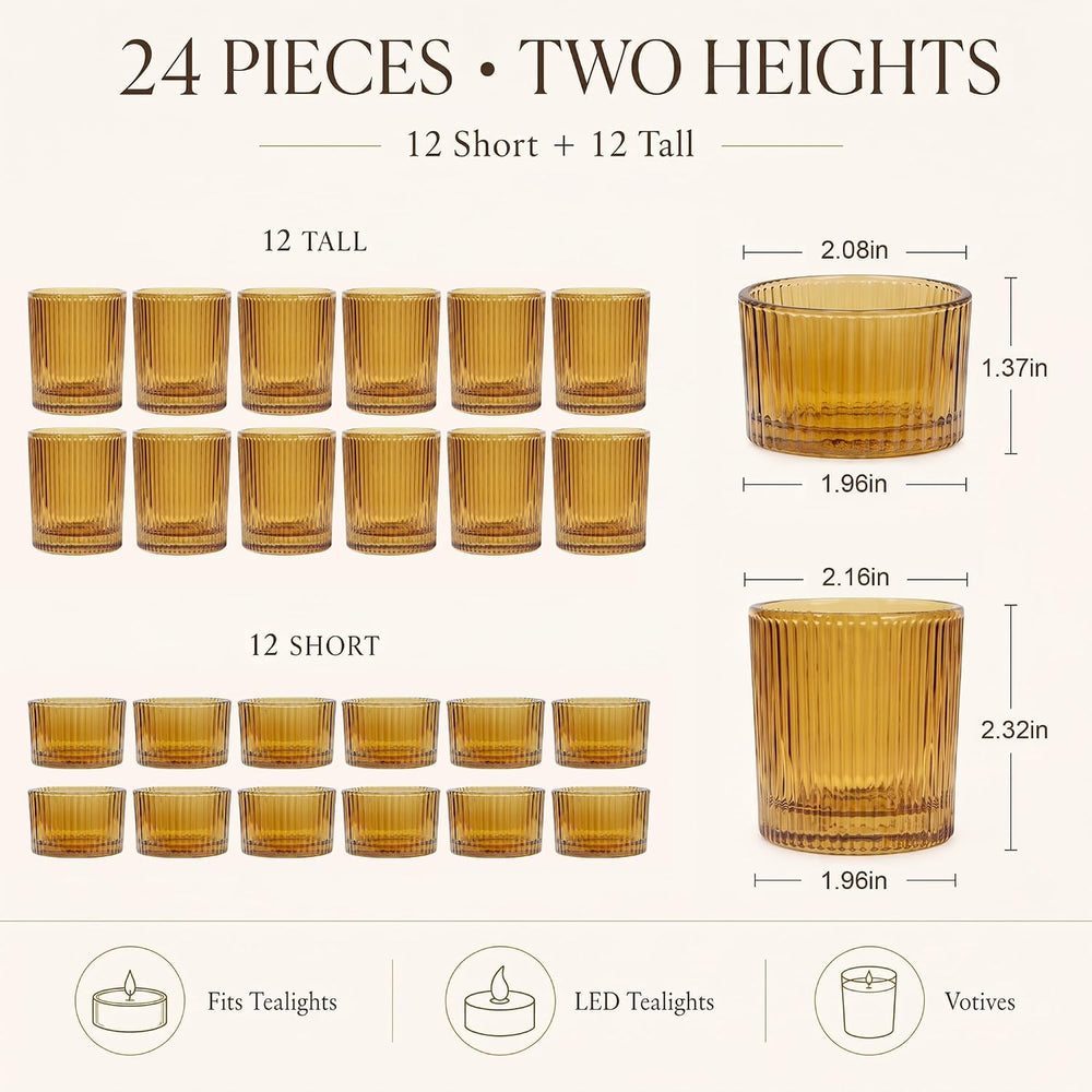 24 Pack Ribbed Amber Glass Votive Candle Holders
