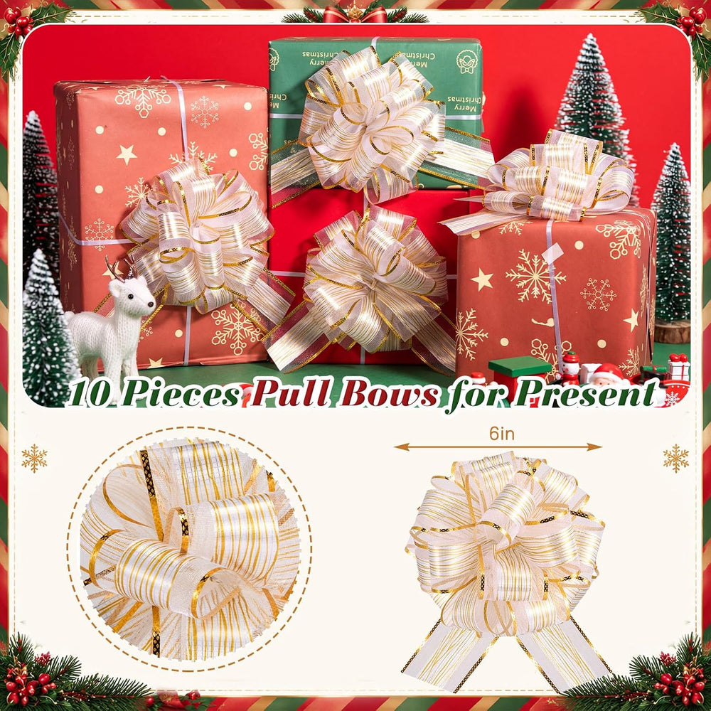 48 Pcs 6 Inch Xmas Pull Bows for Gift Wrapping, White,Gold