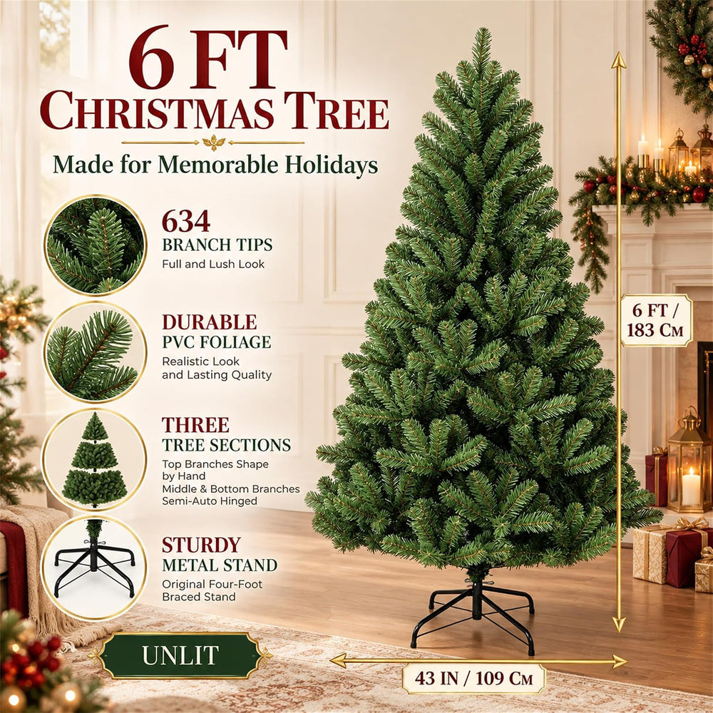 6FT Unlit Green Artificial Christmas Tree with 634 Branch Tips, Hinged Semi-A...