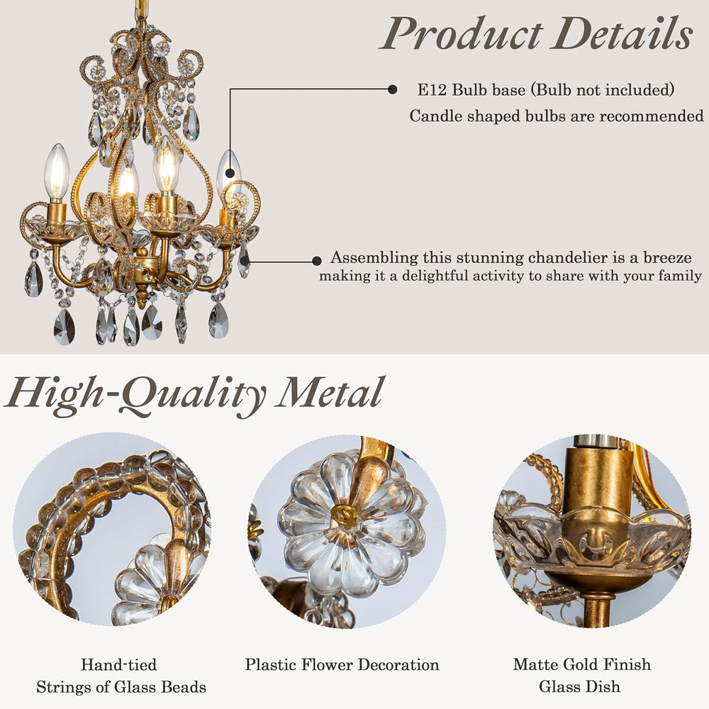 4-Light W14 in. French Country Chandelier Antique Gold Small Crystal Chandeli...